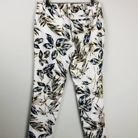 J Crew cream brown linen palm leaf tropical metallic ankle pants 10 - Picture 5 of 7